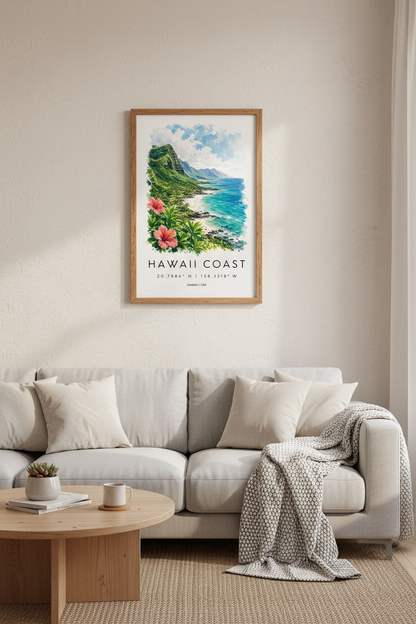 Hawaii Coast Watercolor Art | Tropical Beach Landscape, Coastal Home Decor