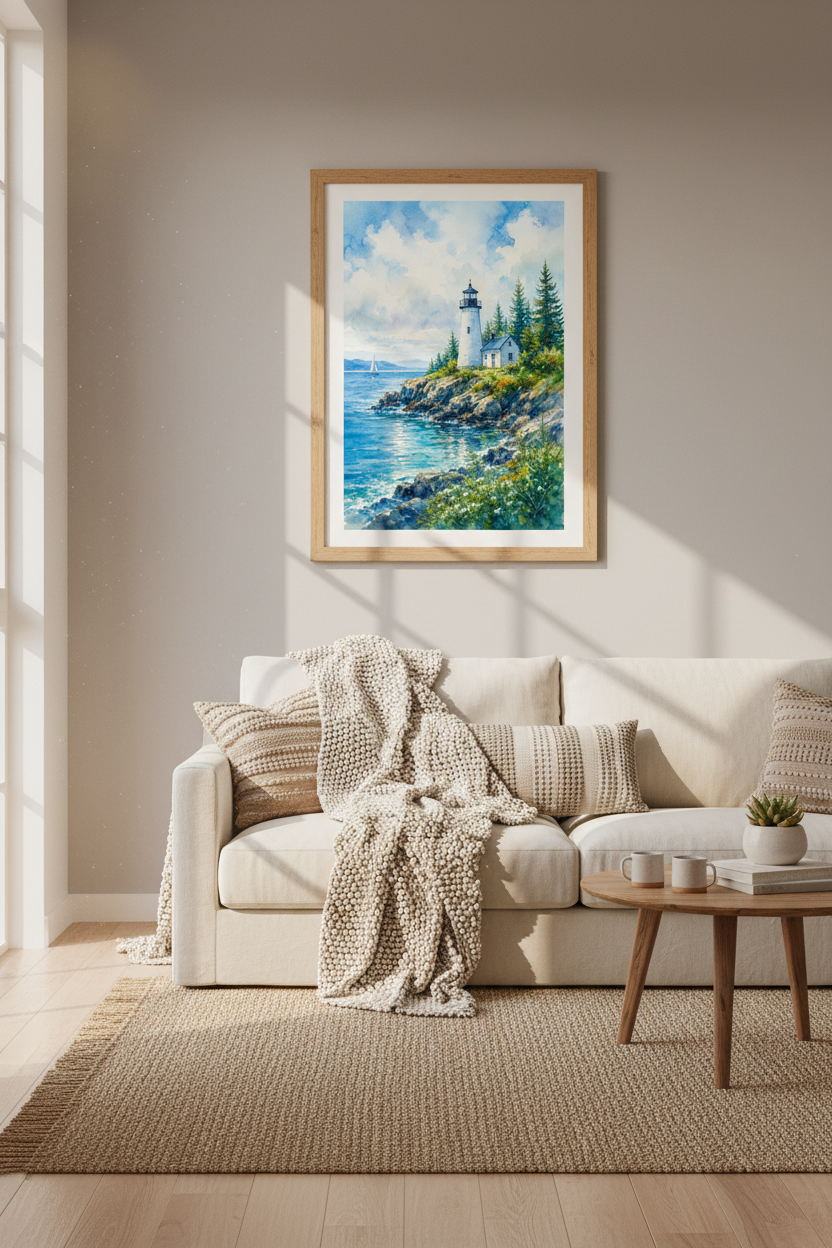 Lighthouse Watercolor Wall Art Print | Coastal Blue Nautical Decor | Ocean Vista Poster