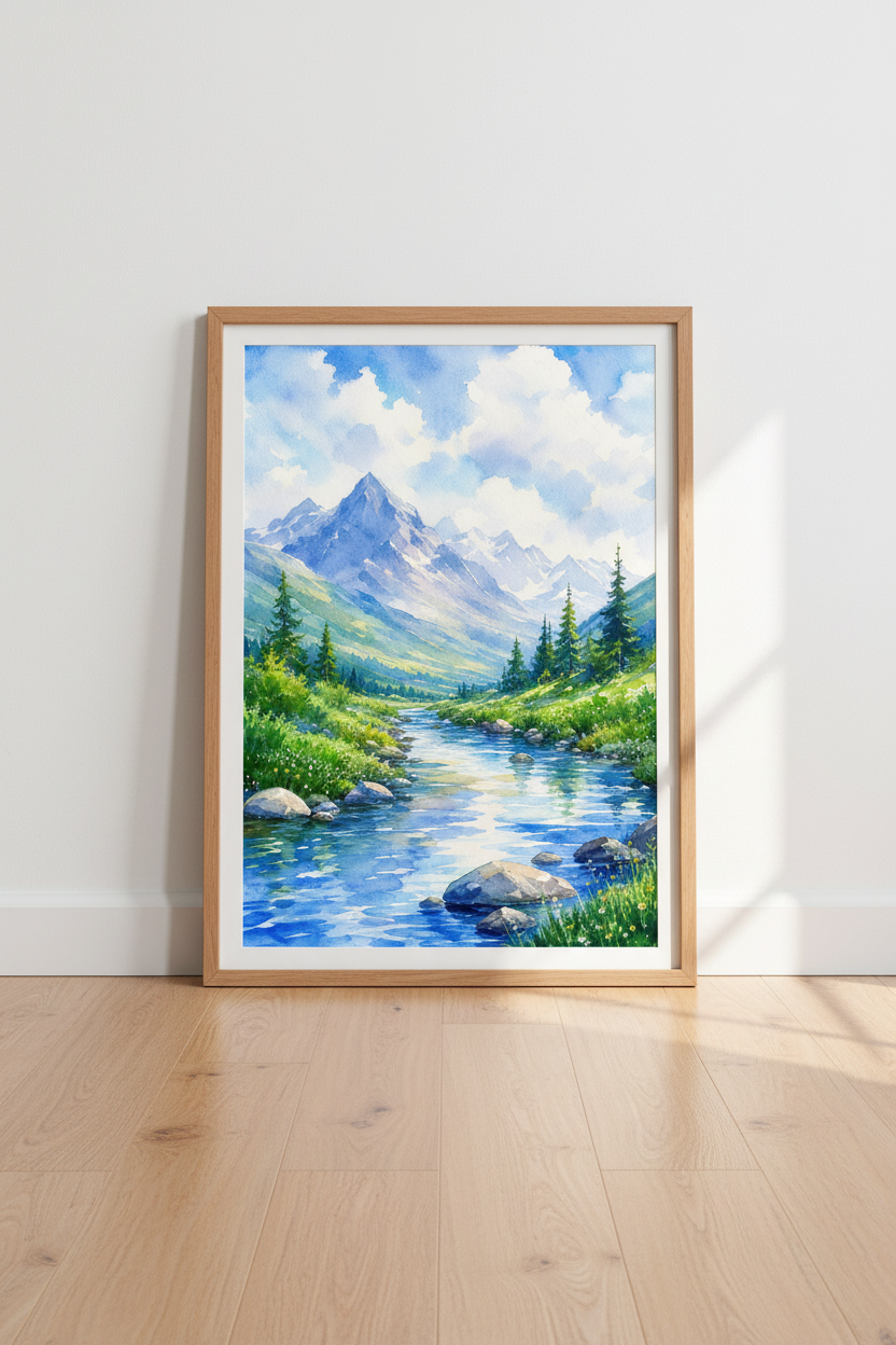 Mountain River Landscape Watercolor Wall Art | Nature Decor | Blue &amp; Green Alpine Poster