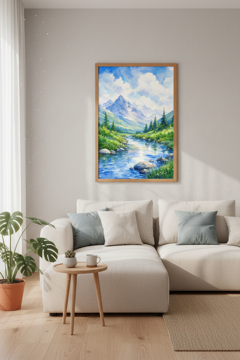 Mountain River Landscape Watercolor Wall Art | Nature Decor | Blue &amp; Green Alpine Poster
