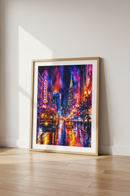 San Francisco Cable Car Watercolor | Purple Neon City Wall Art, Rainy Night Decor Poster