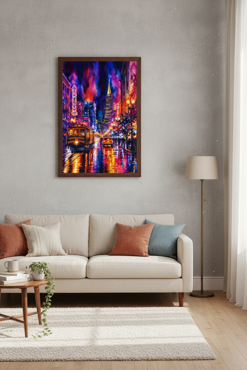 San Francisco Cable Car Watercolor | Purple Neon City Wall Art, Rainy Night Decor Poster