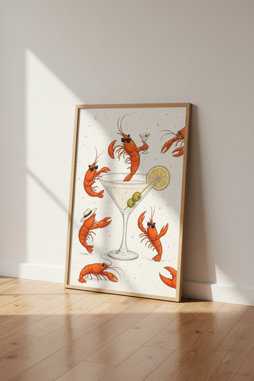 Lobster Martini Wall Art Print | Coastal Bar Decor | Fun Retro Poster