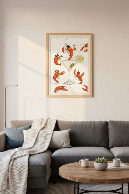 Lobster Martini Wall Art Print | Coastal Bar Decor | Fun Retro Poster