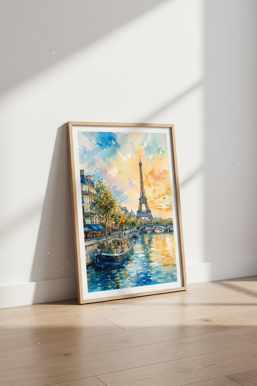 Paris Eiffel Tower Watercolor Print | Sunset Cityscape Decor | Romantic Travel Poster