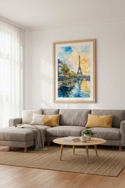 Paris Eiffel Tower Watercolor Print | Sunset Cityscape Decor | Romantic Travel Poster