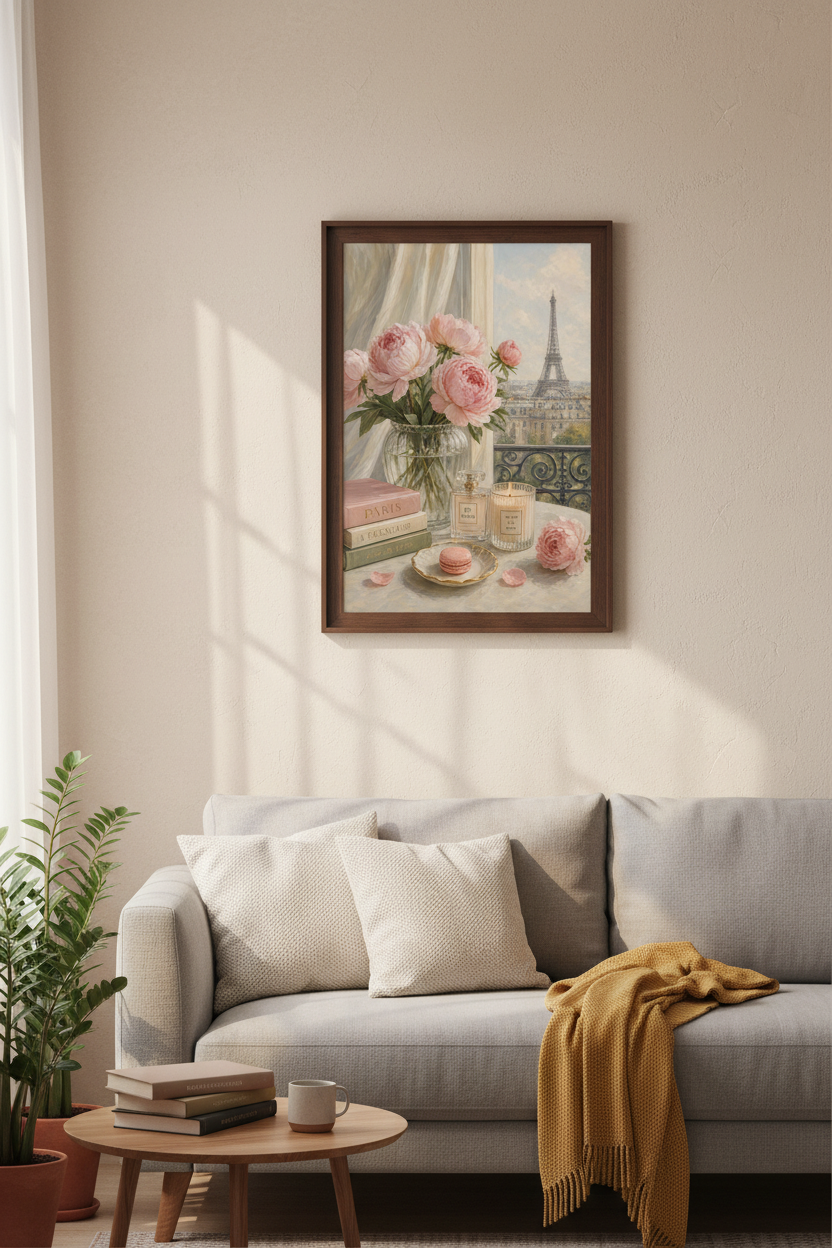 Paris Window View Wall Art | Pink Peony Floral Print | Eiffel Tower Chic Poster