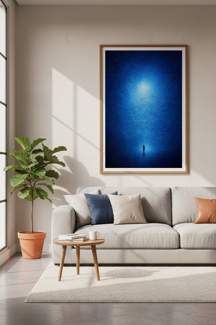 Celestial Vortex Wall Art | Blue Surrealism Poster, Modern Living Room Decor