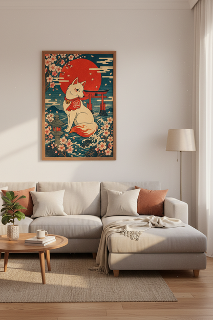Kitsune Japanese Fox Wall Art | Red Sun Ukiyo-e Poster, Asian Mythology Decor