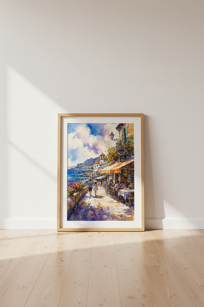 Italian Coast Watercolor Wall Art | Amalfi Seaside Cafe Decor | Mediterranean Poster