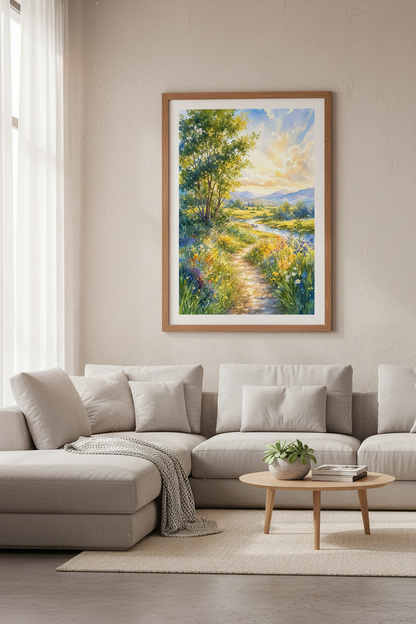 Meadow Landscape Watercolor | Sunlit Wildflower Mountain Path, Nature Wall Art