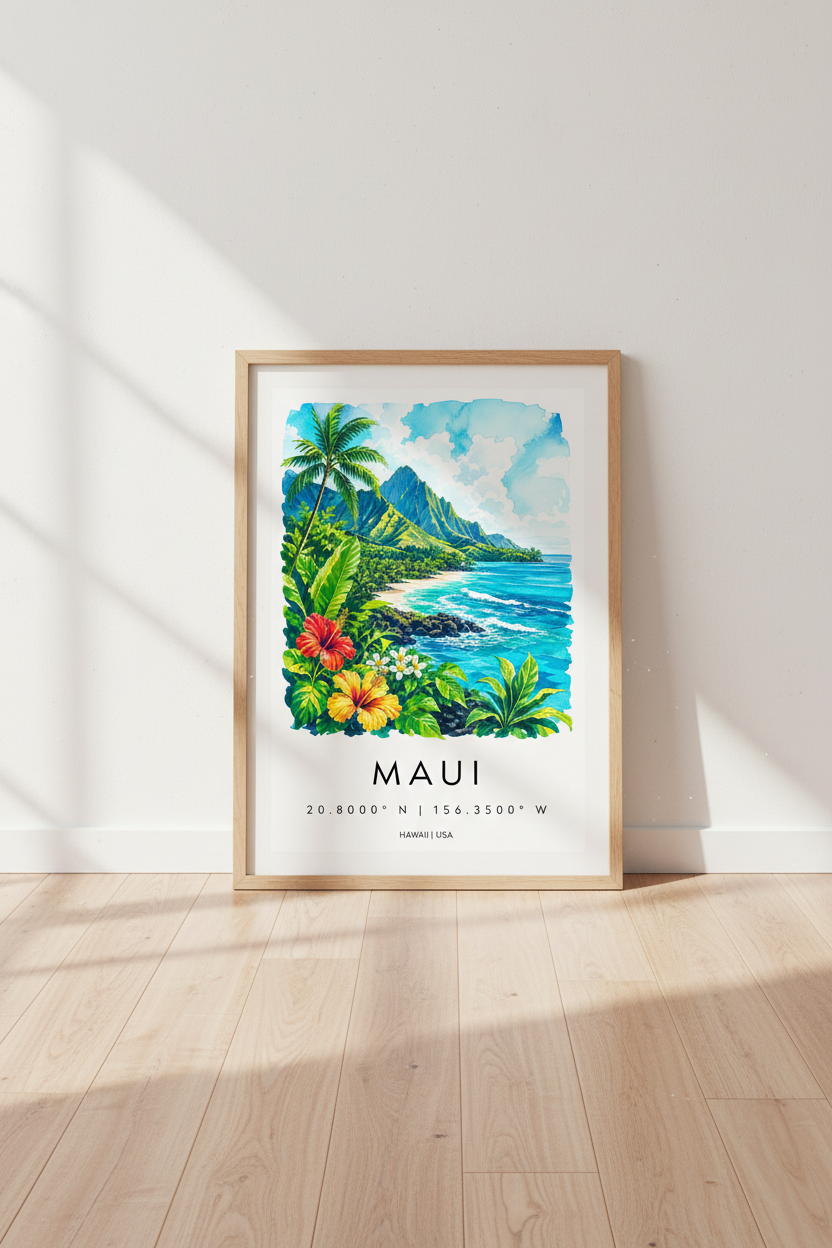 Maui Hawaii Watercolor Landscape | Tropical Coastal Decor, Beach House Wall Art Print