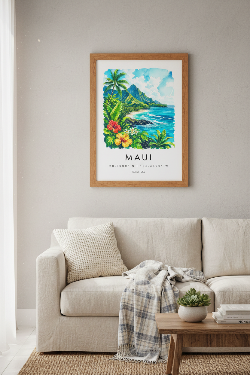 Maui Hawaii Watercolor Landscape | Tropical Coastal Decor, Beach House Wall Art Print