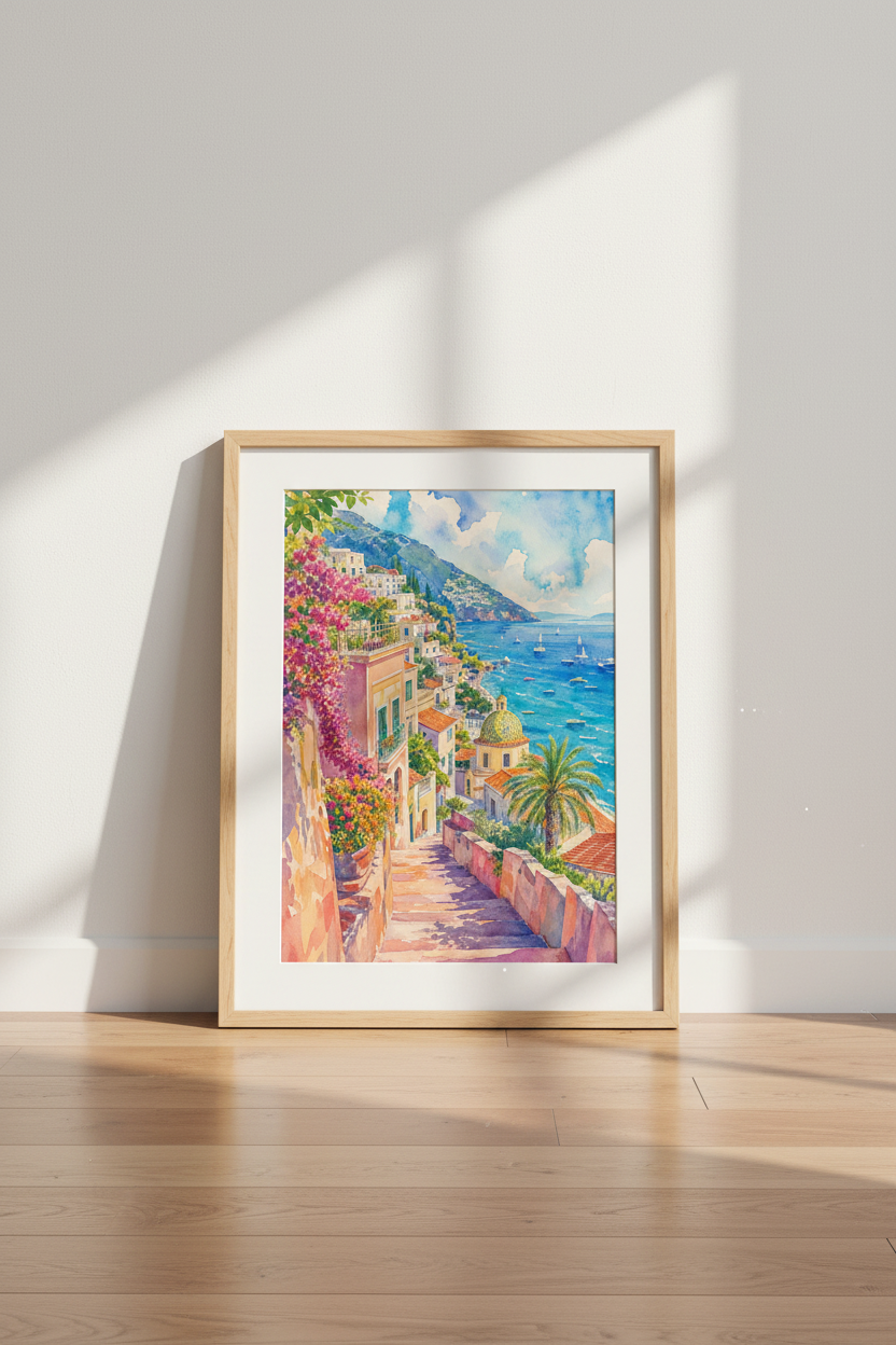 Amalfi Coast Positano Art | Italian Coastal Watercolor, Mediterranean Home Decor