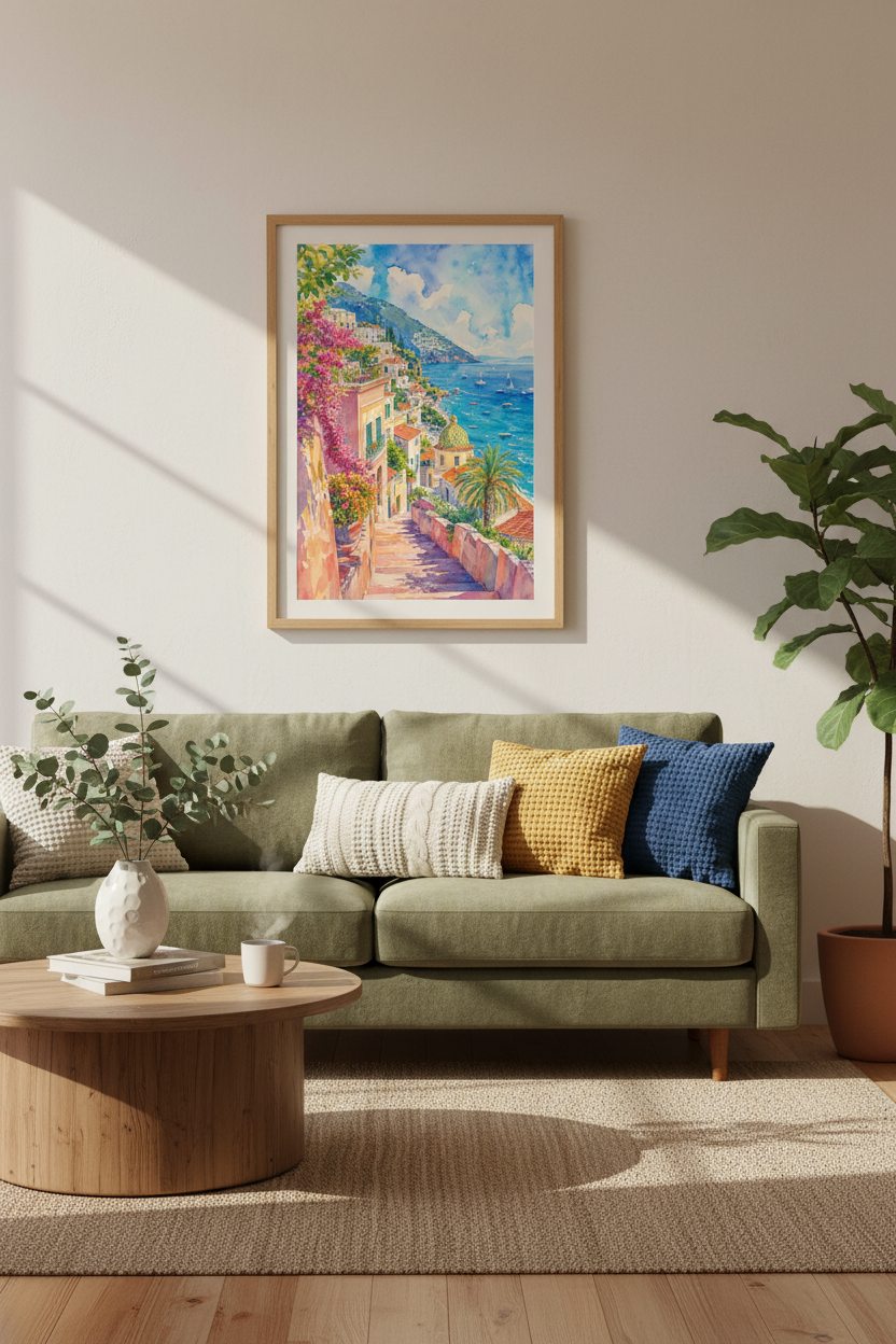 Amalfi Coast Positano Art | Italian Coastal Watercolor, Mediterranean Home Decor