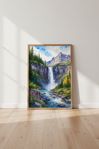Mountain Waterfall Watercolor Wall Art | Nature Landscape Print | Rustic Cabin Decor