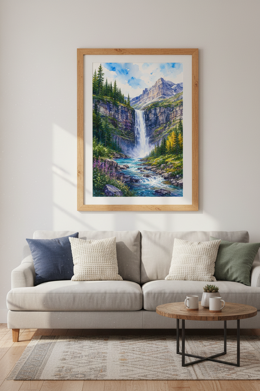 Mountain Waterfall Watercolor Wall Art | Nature Landscape Print | Rustic Cabin Decor