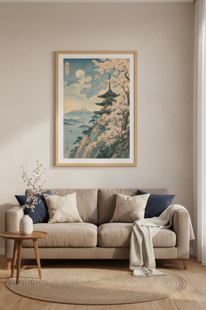 Japanese Pagoda &amp; Mt Fuji Wall Art | Blue Sakura Landscape | Ukiyo-e Poster