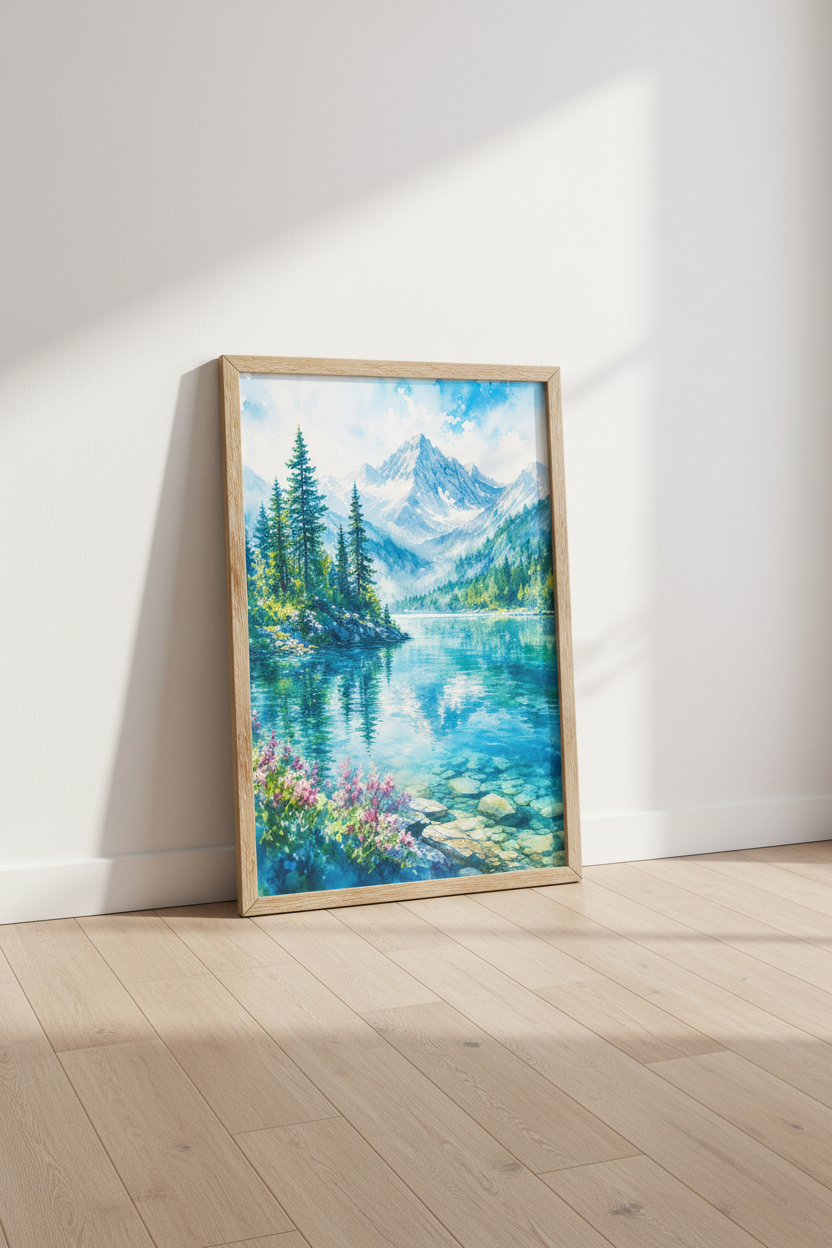 Mountain Lake Watercolor Print | Blue Nature Landscape Decor | Alpine Vista Poster