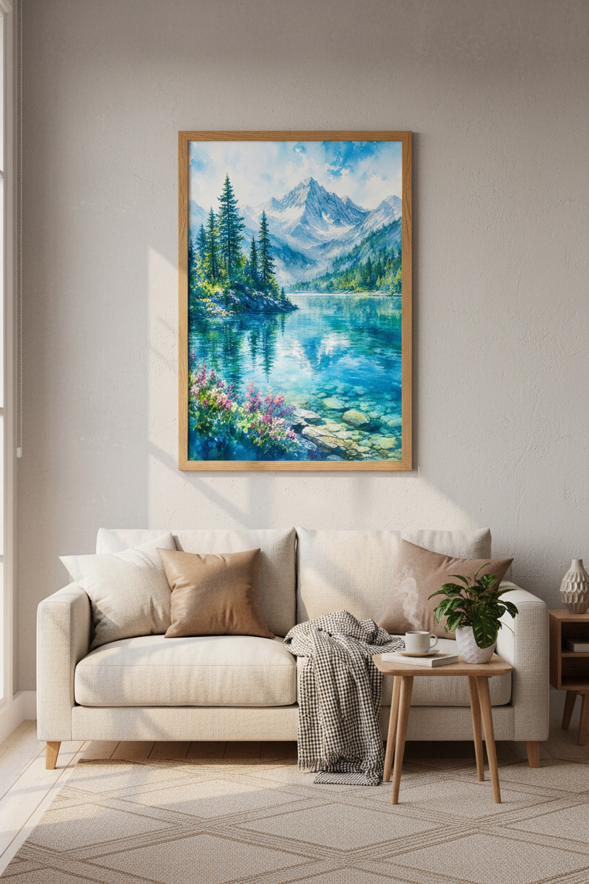 Mountain Lake Watercolor Print | Blue Nature Landscape Decor | Alpine Vista Poster