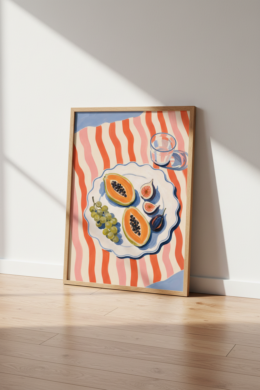 Papaya &amp; Fig Fruit Still Life Art | Kitchen Dining Room Decor | Colorful Summer Poster