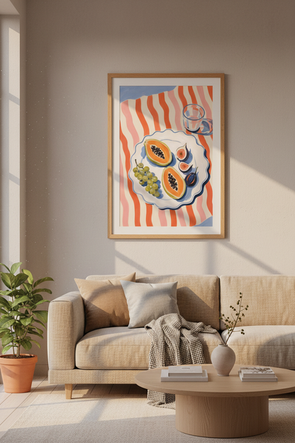 Papaya &amp; Fig Fruit Still Life Art | Kitchen Dining Room Decor | Colorful Summer Poster