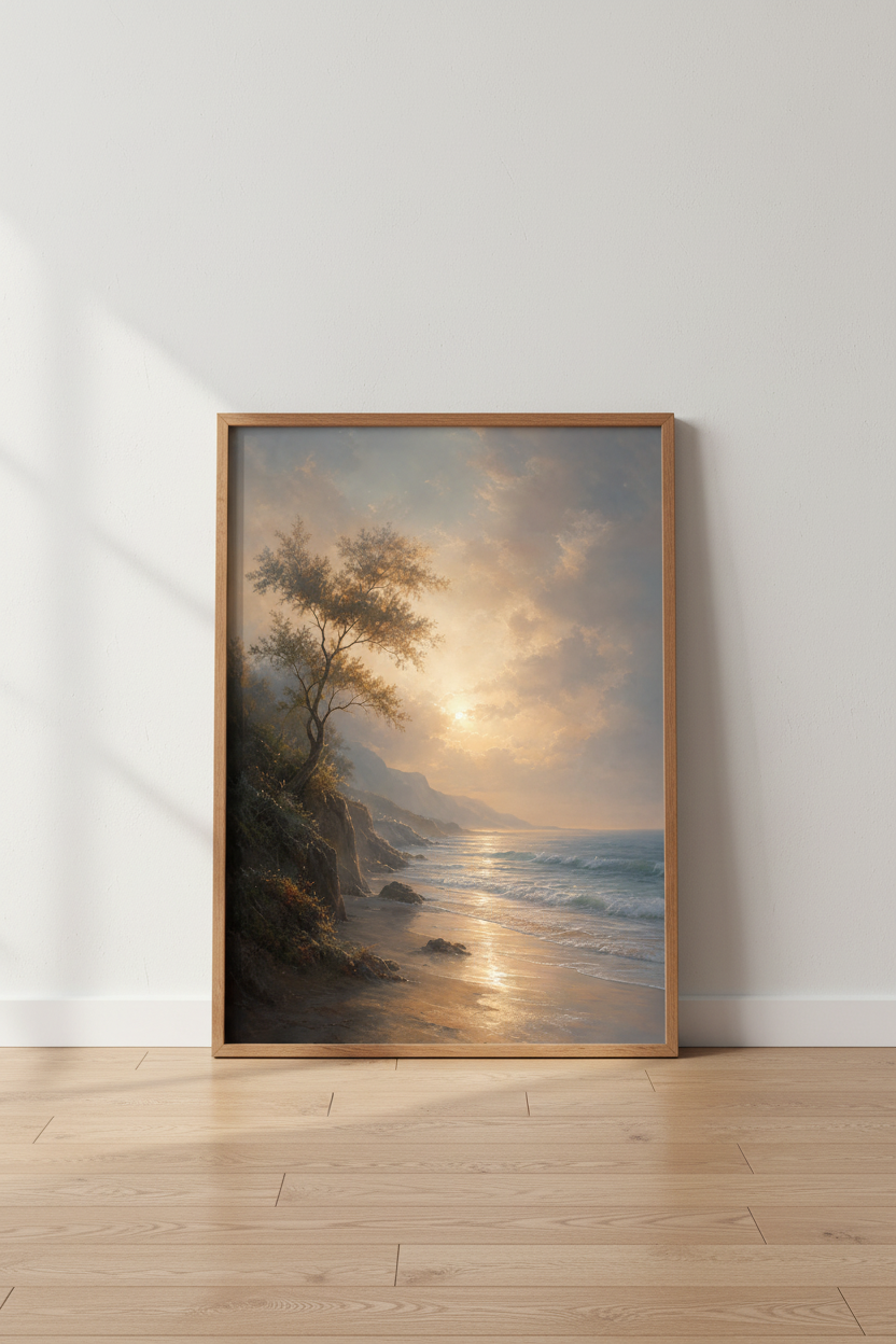 Coastal Sunset Beach Wall Art | Golden Landscape Poster, Living Room Decor