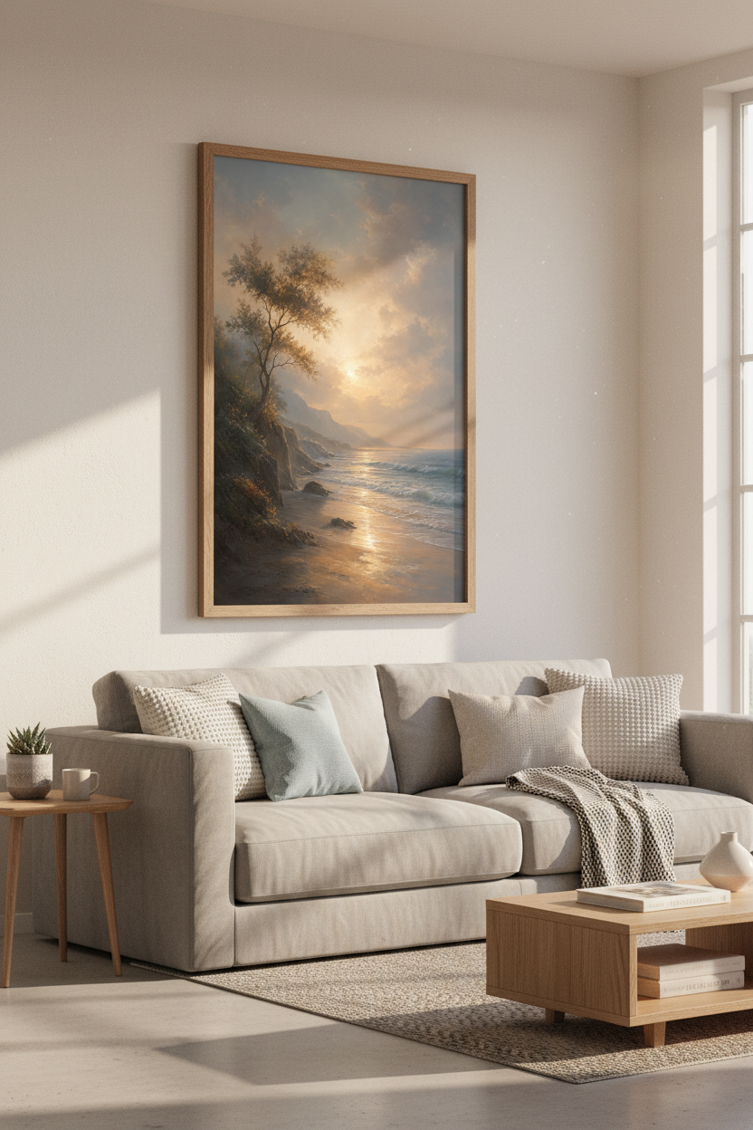 Coastal Sunset Beach Wall Art | Golden Landscape Poster, Living Room Decor