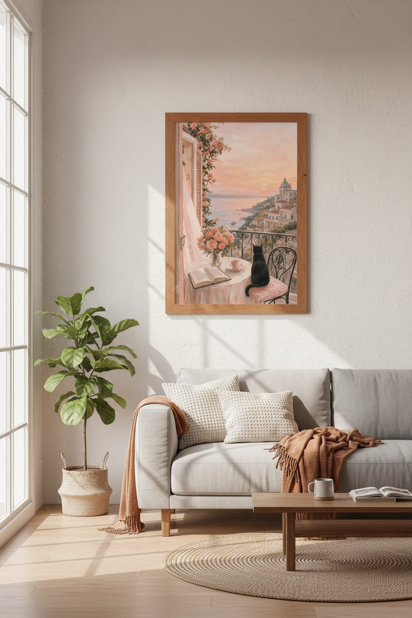 Black Cat on Mediterranean Balcony Wall Art | Pink Coastal Decor | Impressionist Poster
