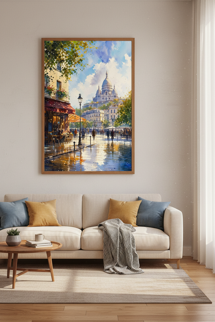 Paris Watercolor Street Scene | Sacre Coeur Cafe Wall Art, Living Room Decor