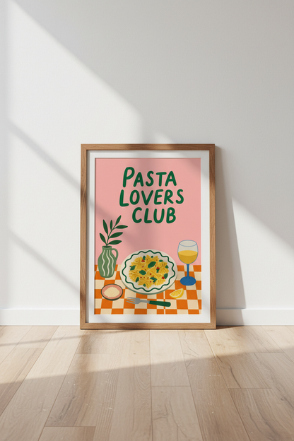 Pasta Lovers Club Wall Art | Retro Pink &amp; Green Kitchen Decor | Foodie Poster