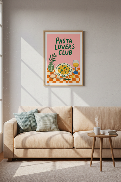 Pasta Lovers Club Wall Art | Retro Pink &amp; Green Kitchen Decor | Foodie Poster