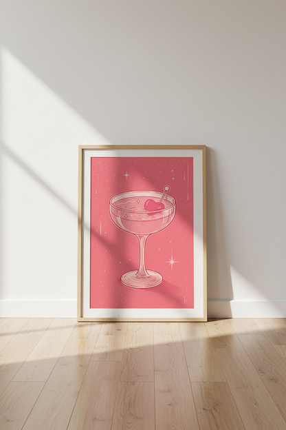 Pink Cocktail Heart Martini Wall Art Print | Bar Cart Decor | Retro Coquette Poster