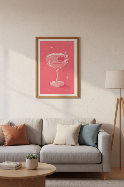 Pink Cocktail Heart Martini Wall Art Print | Bar Cart Decor | Retro Coquette Poster