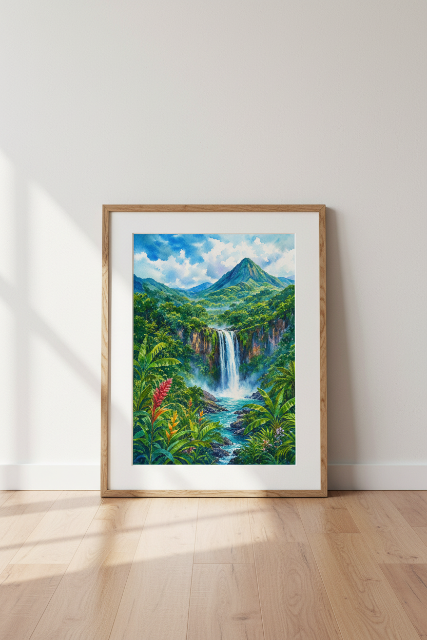 Tropical Waterfall Watercolor Print | Jungle Mountain Wall Art | Nature Landscape Poster