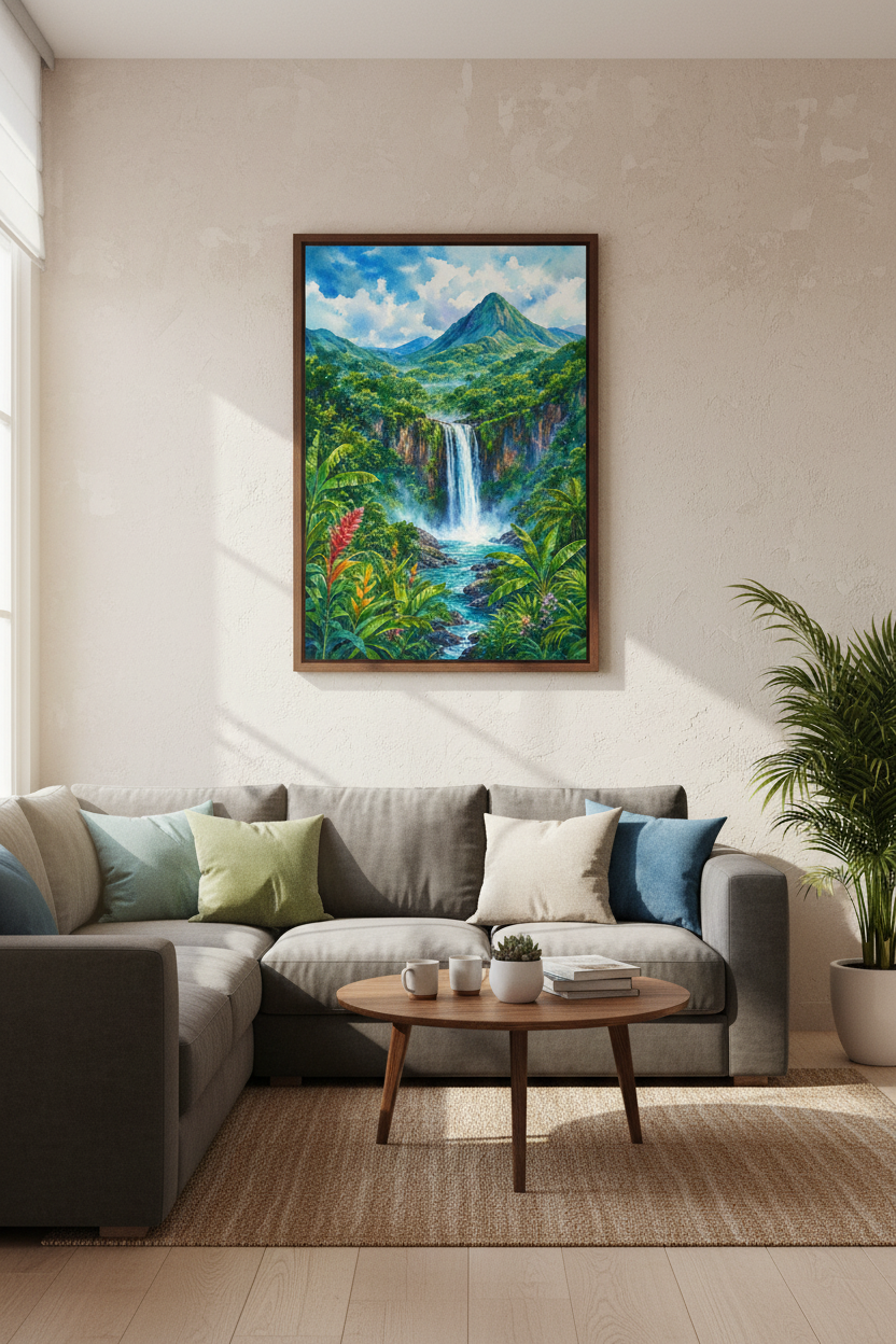 Tropical Waterfall Watercolor Print | Jungle Mountain Wall Art | Nature Landscape Poster
