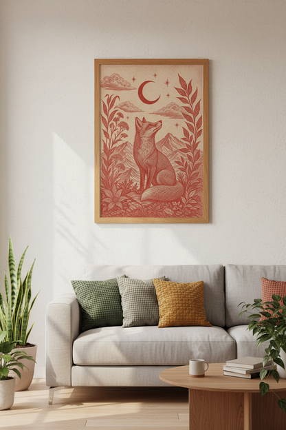 Celestial Fox Moon Wall Art | Terracotta Woodland Decor | Rustic Nature Poster