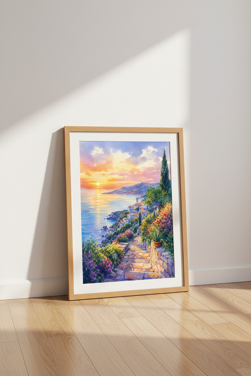 Watercolor Italian Coast Sunset Wall Art | Living Room Decor | Mediterranean Poster