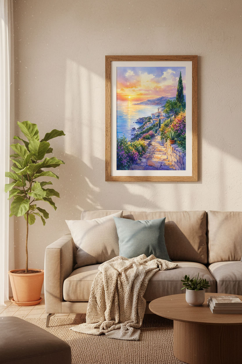 Watercolor Italian Coast Sunset Wall Art | Living Room Decor | Mediterranean Poster