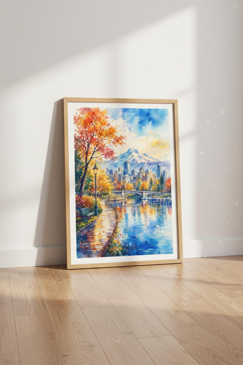 City Skyline &amp; Mountain Watercolor Art | Autumn Landscape Print, Office Decor