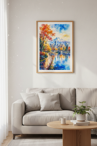 City Skyline &amp; Mountain Watercolor Art | Autumn Landscape Print, Office Decor
