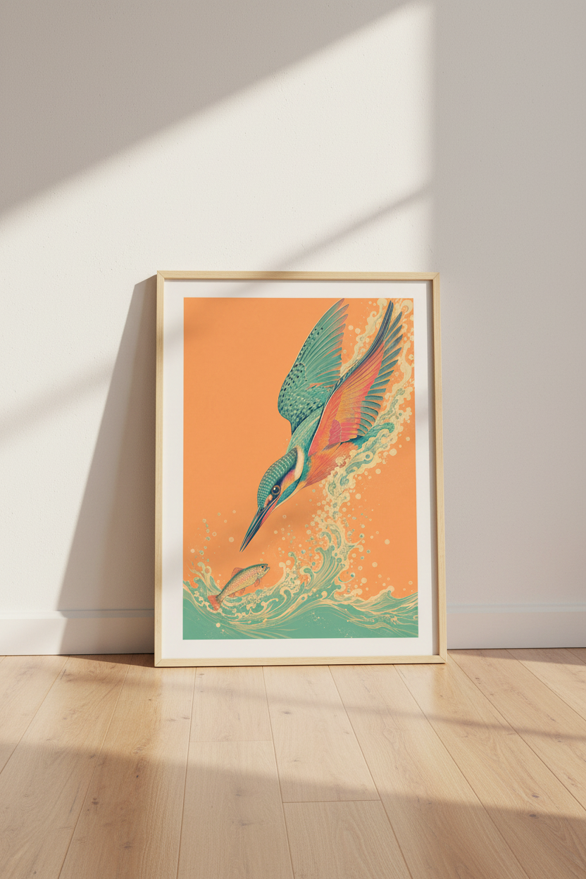 Kingfisher Diving Wall Art | Teal &amp; Orange Nature Poster, Living Room Decor Art
