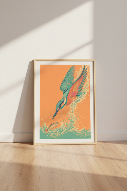 Kingfisher Diving Wall Art | Teal &amp; Orange Nature Poster, Living Room Decor Art