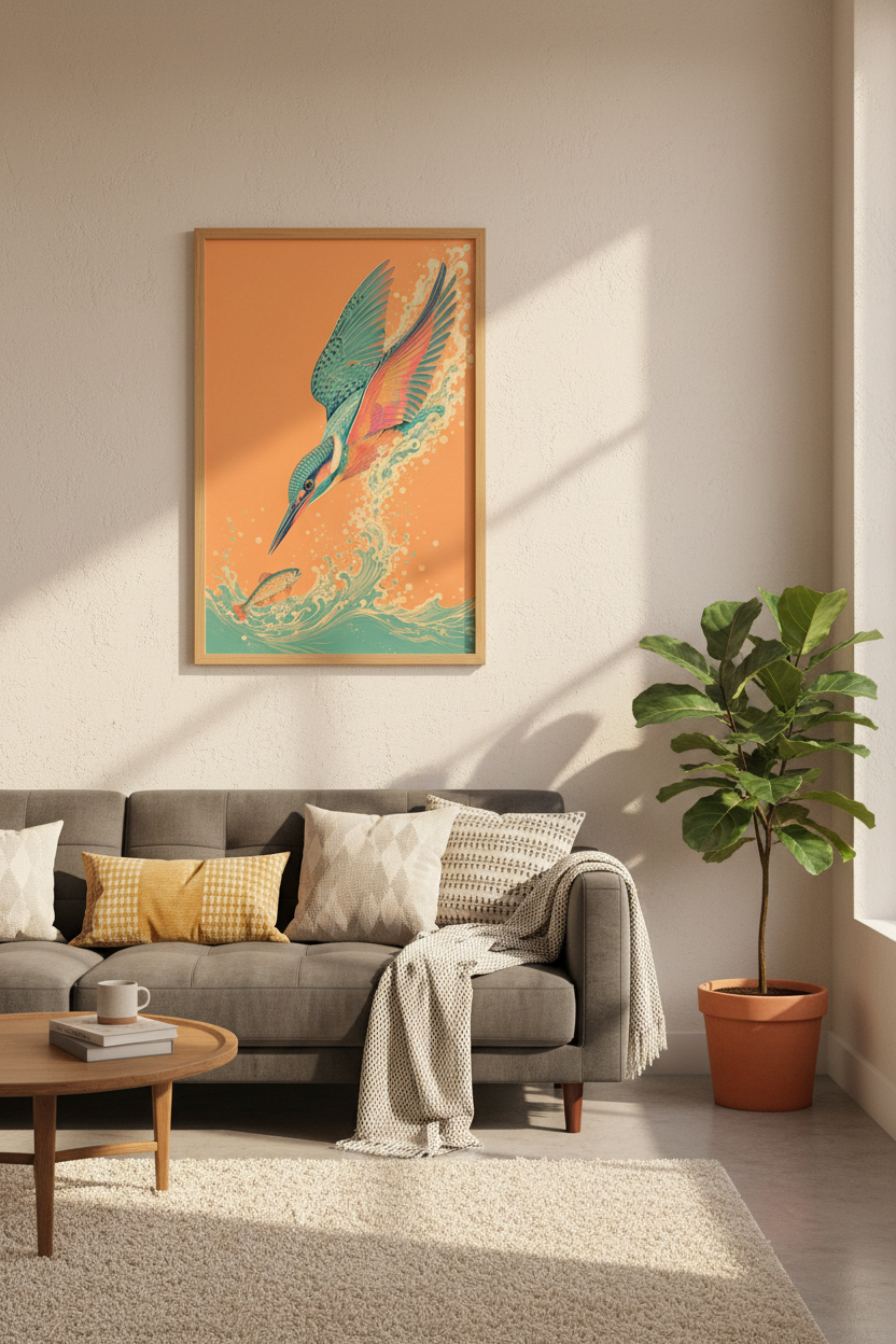 Kingfisher Diving Wall Art | Teal &amp; Orange Nature Poster, Living Room Decor Art
