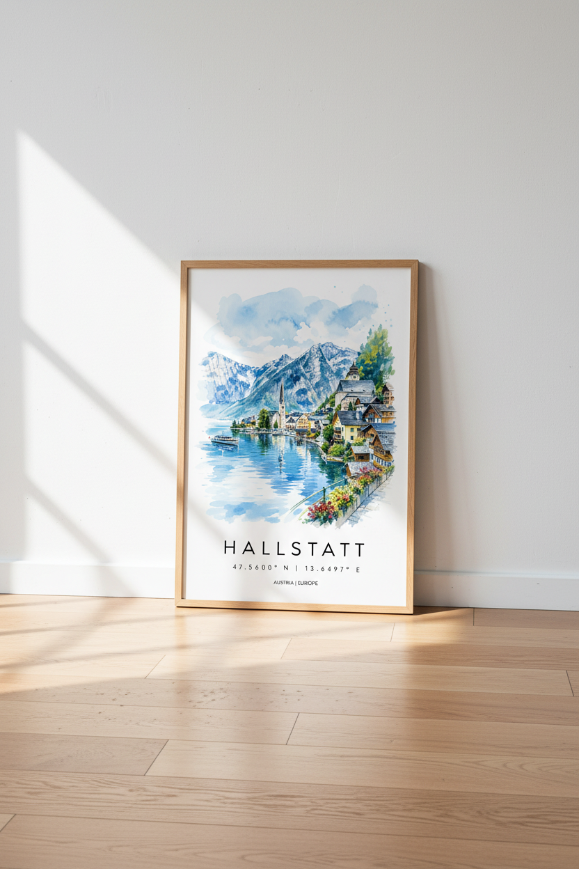 Hallstatt Austria Watercolor Wall Art | Alpine Travel Poster, Lake District Decor