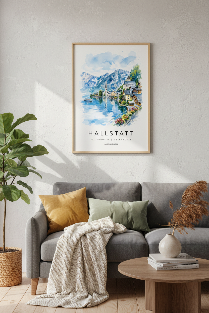 Hallstatt Austria Watercolor Wall Art | Alpine Travel Poster, Lake District Decor