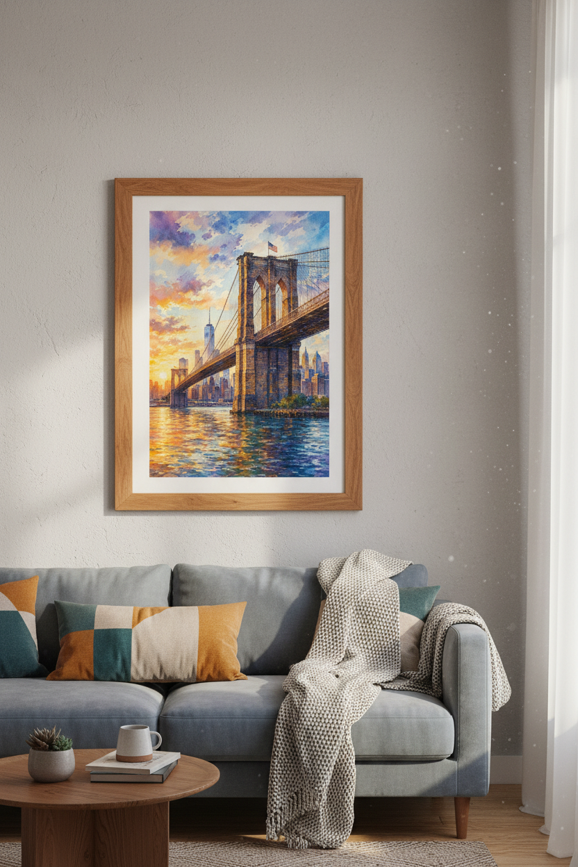 Brooklyn Bridge | Sunset Watercolor NYC Skyline, Living Room Office Decor