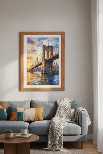 Brooklyn Bridge | Sunset Watercolor NYC Skyline, Living Room Office Decor