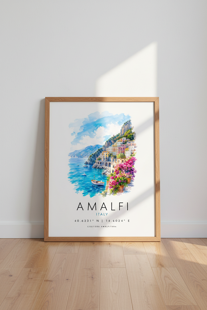 Amalfi Italy Watercolor Art | Mediterranean Coastal Decor | Travel Poster