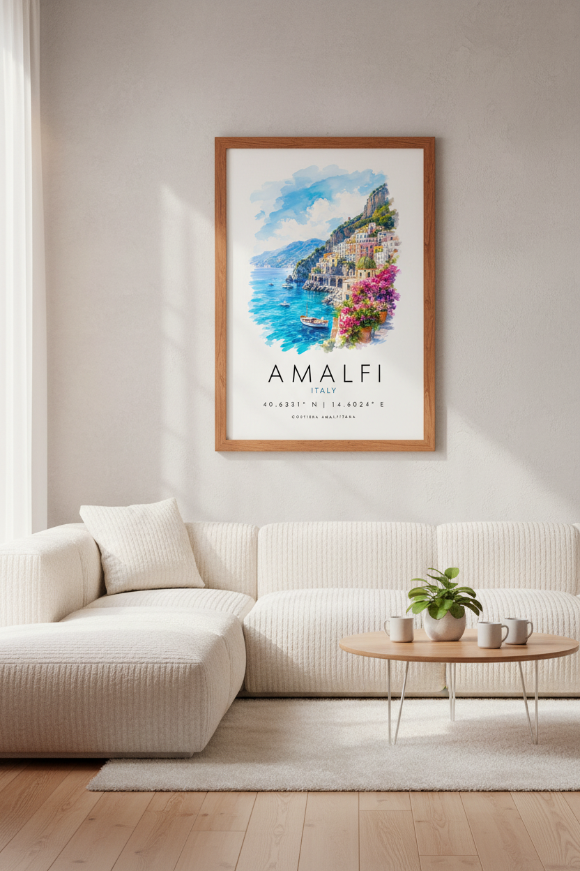 Amalfi Italy Watercolor Art | Mediterranean Coastal Decor | Travel Poster